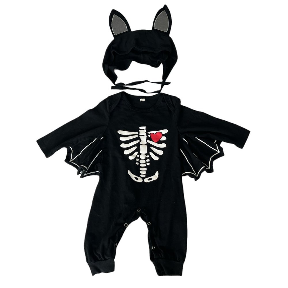 🎃Halloween Baby Black Bat Costume Cloak Romper Skull Bone Love Printed 12-18 MO